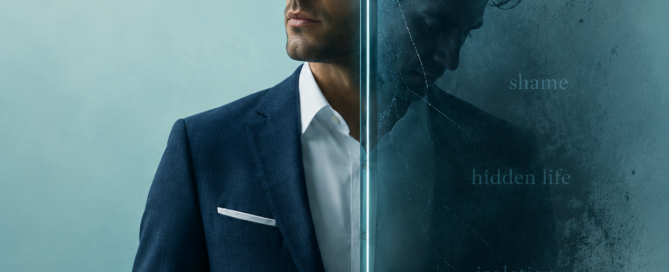 Man split by a cracked glass pane, with his reflection surrounded by the words secrets, shame, hidden life, and isolation, representing a hidden sexual life in a narcissistically abusive relationship